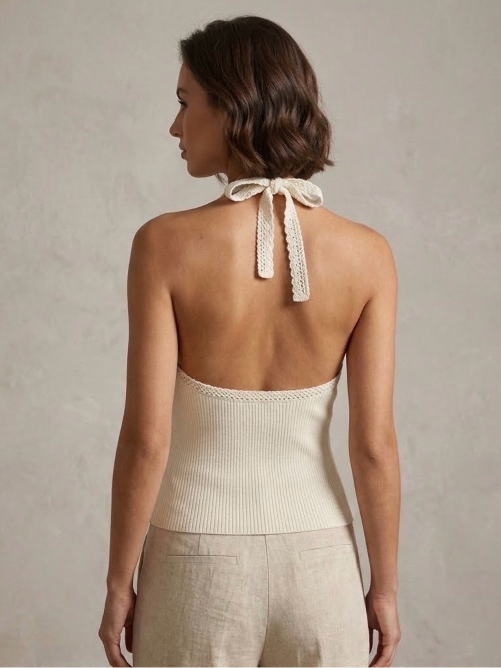 Rag & Bone Ivory Ribbed Halter Top with Open Back & Tie Bow Detail, Size XL NWT